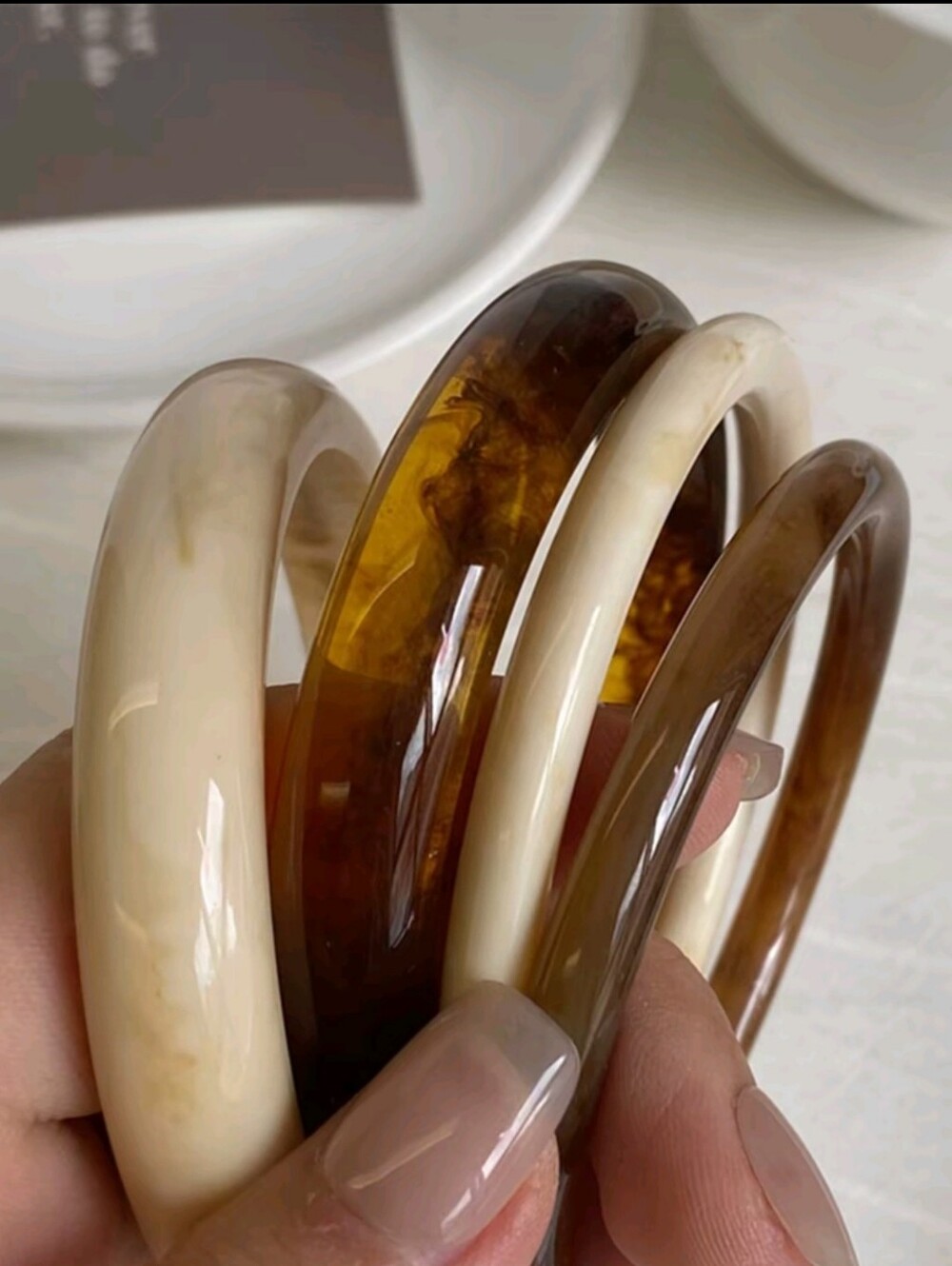 Set of Cream and Amber Resin Bangle Bracelets